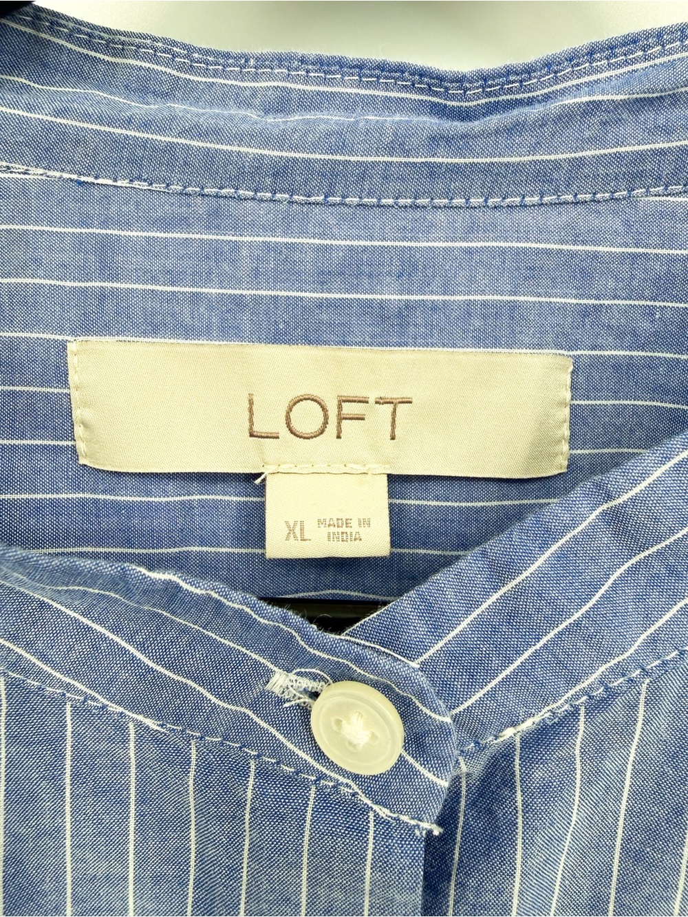 Loft Pinstripe Floral Embroidered Peasant Button Up Top Blue White XL - Picture 8 of 9